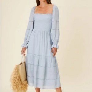 Reformation Light Blue Long Sleeve Smocked Midi Dress